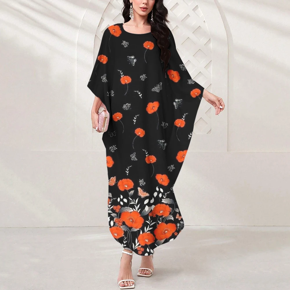 Women's Round Neck Flower Print Loose Dress Dubai Party Evening Exquisite Dress Loose Bat Sleeve 2024 New Women's Party Dress