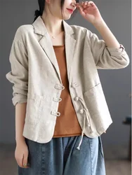 Commuting Minimalist Small Suit Top Loose Cotton Linen Jacket 2024 Spring Summer Women Casual Blazer Coat K245