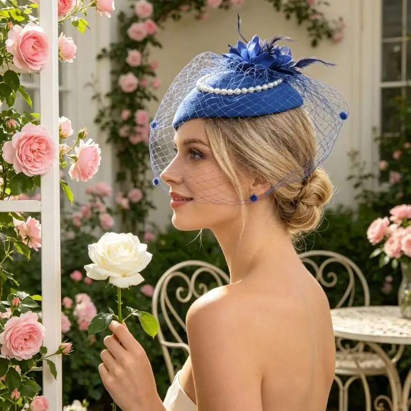 Bridal Fascinator Hat for Brides with Mesh Net Accent Mini Headpiece for Wedding Tea Party Formal Wear