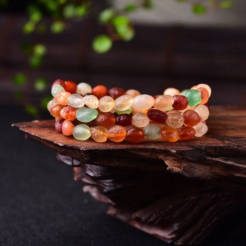 Chinese Style Natural Alashan Gobi Agate Bracelet 3 Layers Rainbow Candy Color Raw Stone Beaded Bracelet Lucky Blessing Fortune