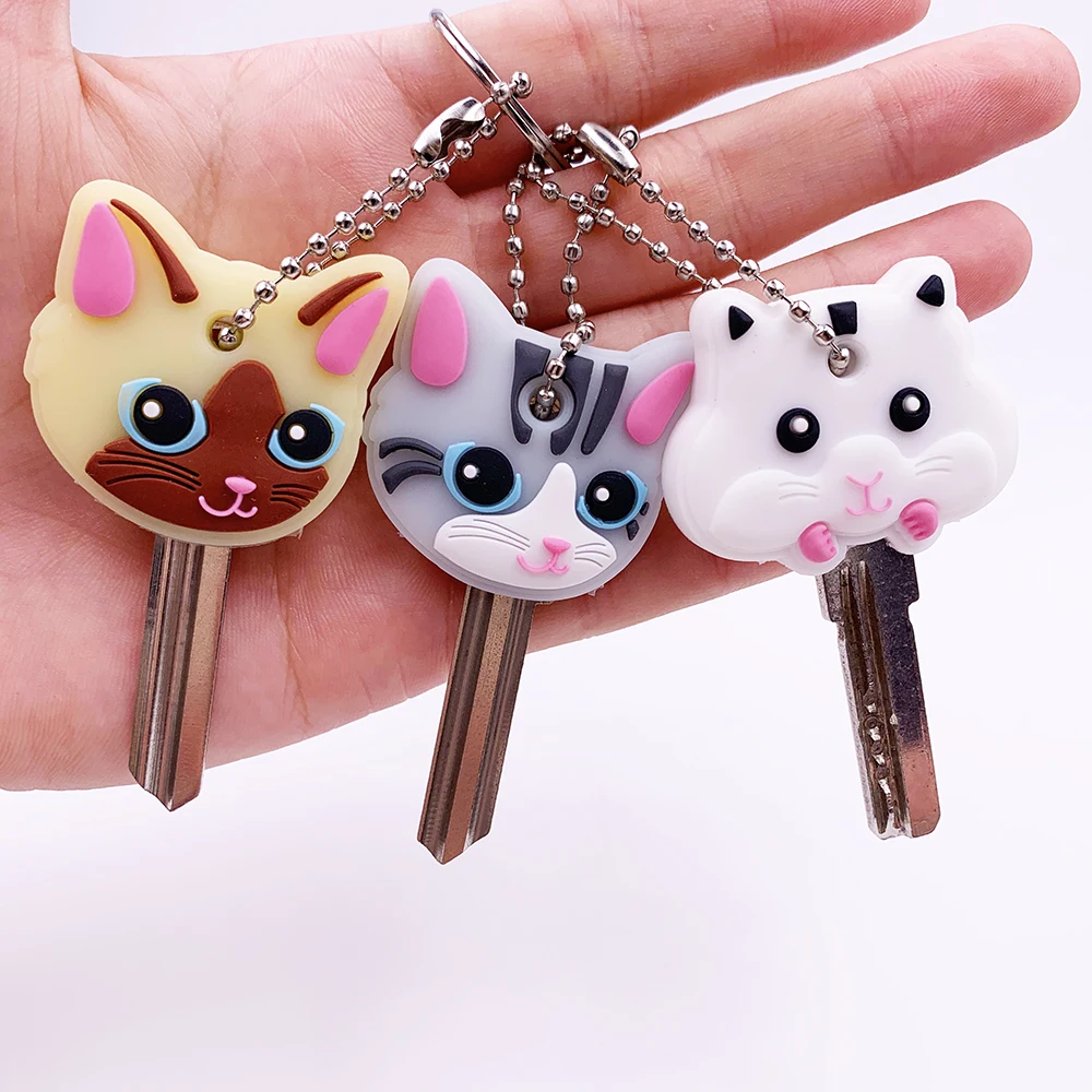 1 Pc Head Cover Animals Shape Lovely Jewelry Gift Keychain New Silicone Key Ring Cap Case Shell Cat Hamster Pug Dog