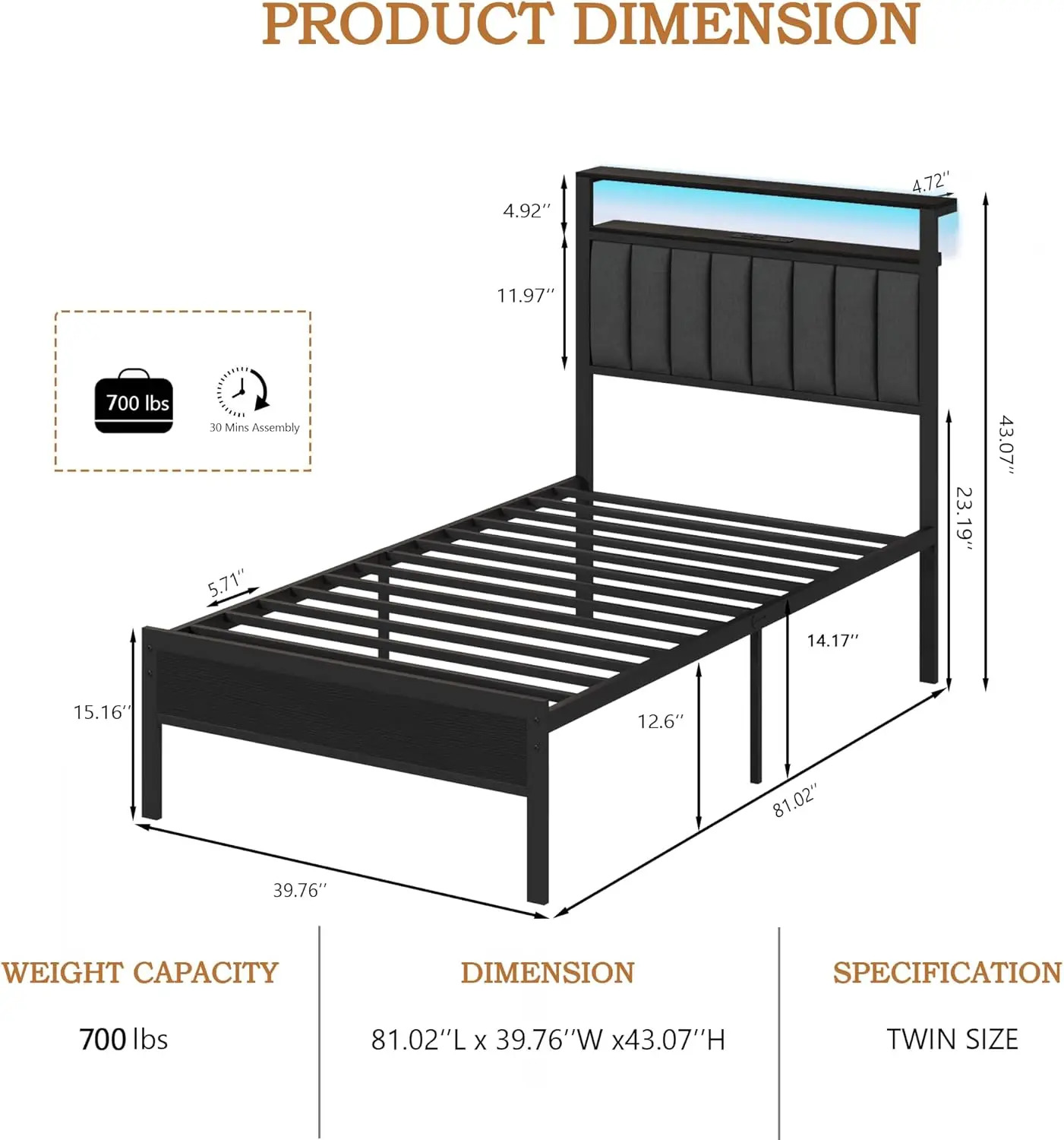 Twin Size Bed Frame with Charging Station and LED Lights, Platform Bed with Metal Slats, Grey Upholstered Headboard