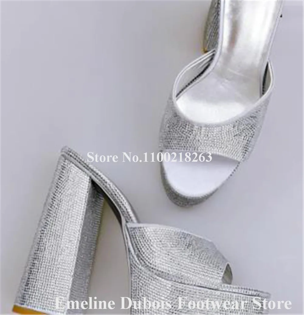 Bling Bling Silver Rhinestones Chunky Heel Slippers Emeline Dubois Peep Toe High Platform Crystals Sandals Sexy Wedding Pumps