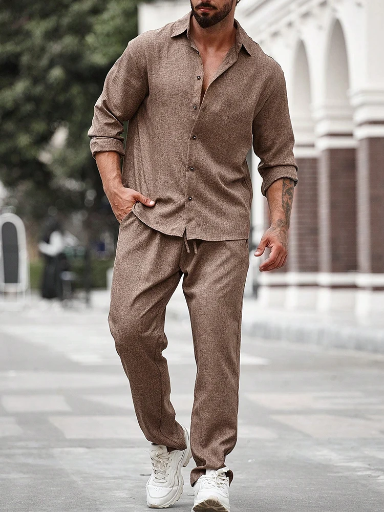 2024 Fall New Casual Two Piece Sets Men Solid Color Long Sleeve Shirts And Pants Suits For Mens Clothing Vintage Loose Outfits