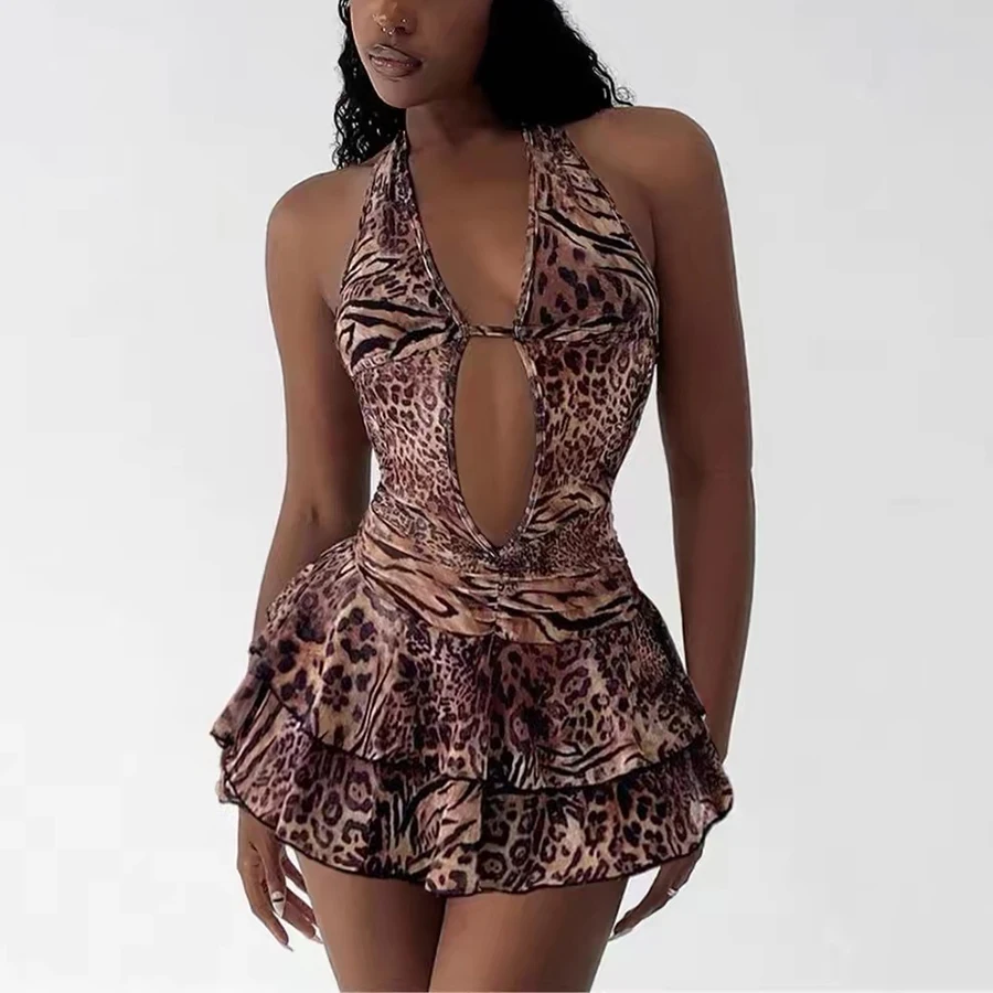 Leopard Print 4 Piece Bathing Suit Women Halter Drape Front Hollow Out Tiered Skirt Cover Up Bikini Set Pool Party Swimwear 2026