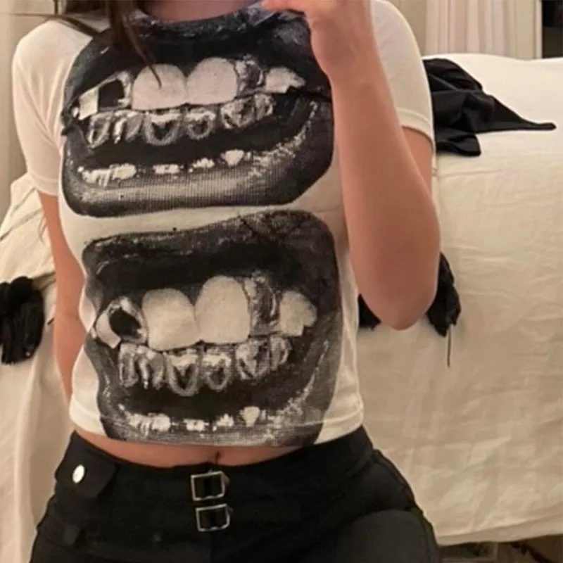

Punk Y2K Baby Short Sleeve Top Gothic Street T-shirt Women's Leisure Basic T-shirt Women's 2024 Summer Top E Girls' Gothic EMO