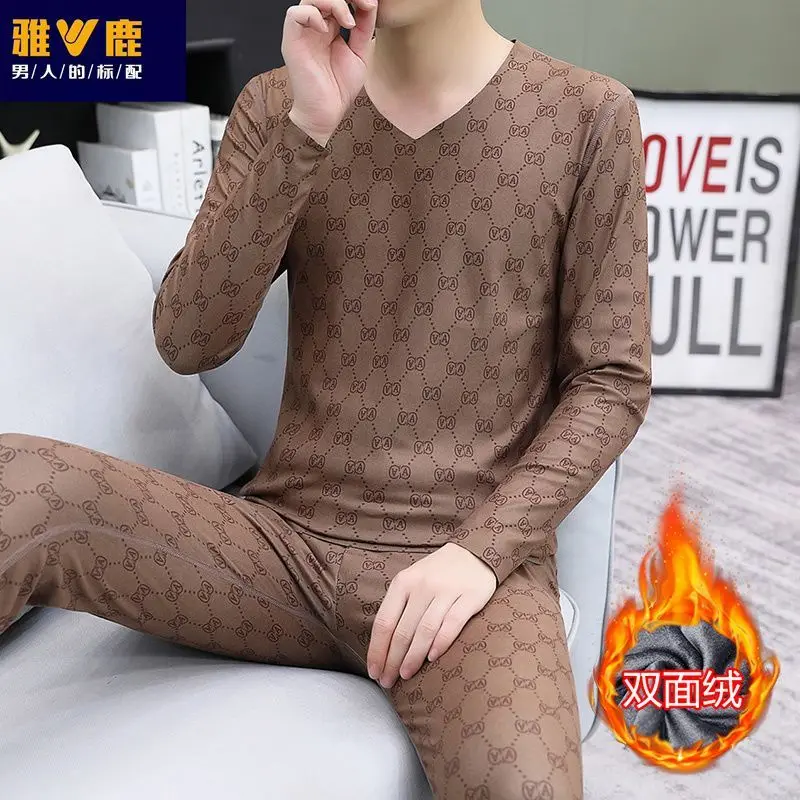 고급 탄력성 독일산 벨벳 브이넥 보온 내의 세트 남성용 롱존스 청소년 벨벳 겨울 잠옷 세트