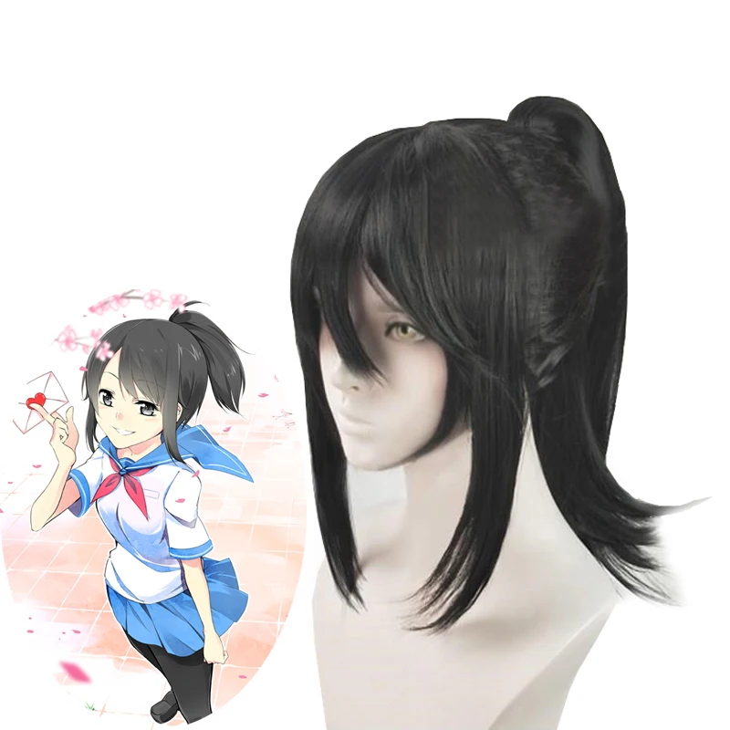 Gry Yandere Simulator Ayano Aishi Cosplay hairwear Czarna syntetyczna odpinana peruka z kucykiem + czapka z peruką