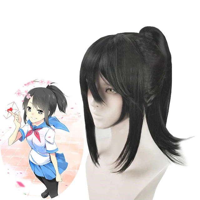 Gry Yandere Simulator Ayano Aishi Cosplay hairwear Czarna syntetyczna odpinana peruka z kucykiem + czapka z peruką