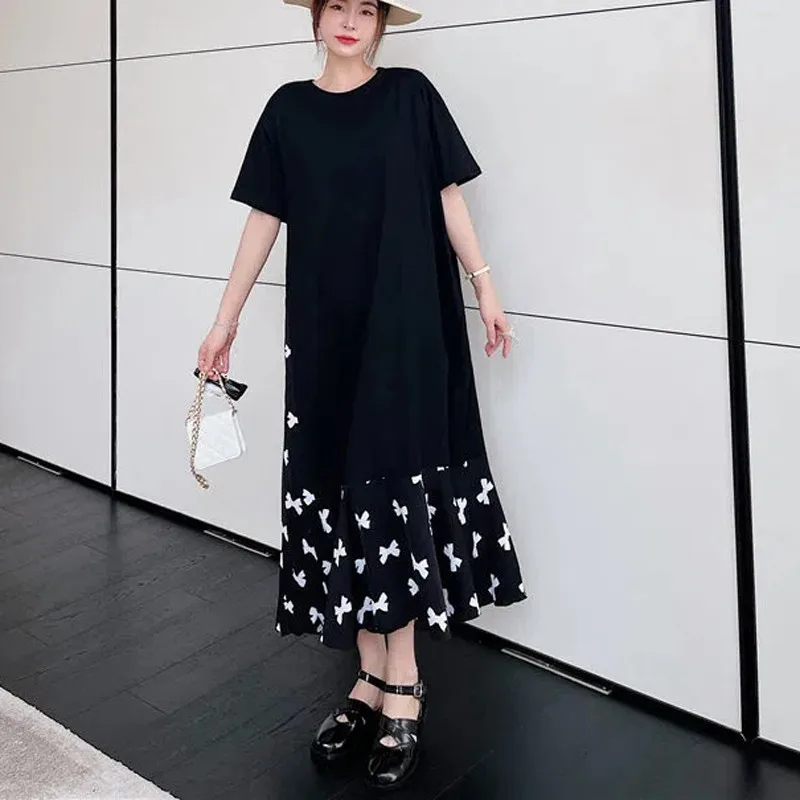 Large Size 6XL 150kg Summer Dress O Neck Short Sleeve Loose Waist Long Dress Black Femme Maxi Vestidos