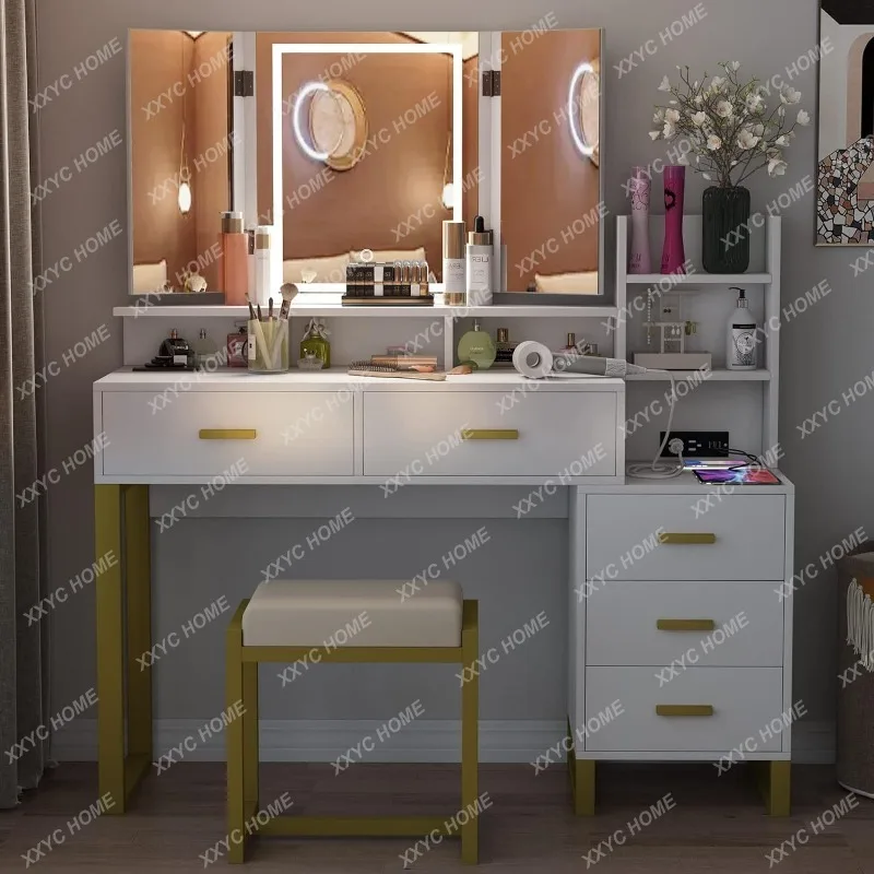 Vanity Set with Tri-fold Makeup Mirror, Large Vanity Desk Makeup Vanity with 3-Color Adjustable Touch Light