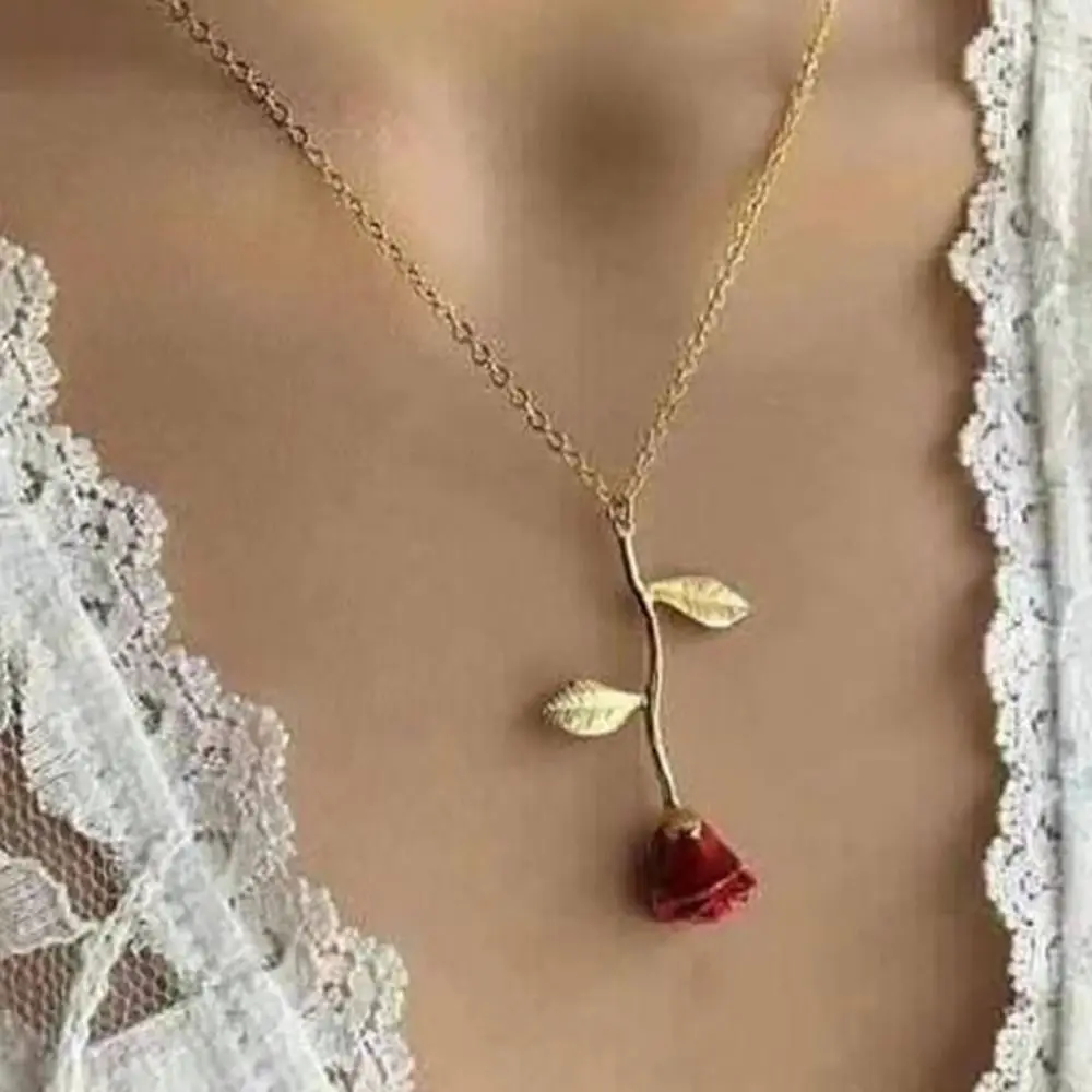High Quality Red Rose Red Rose Pendant Oil Drop Creative Temperament Necklace Alloy Oil Drop Necklace Women Beauty