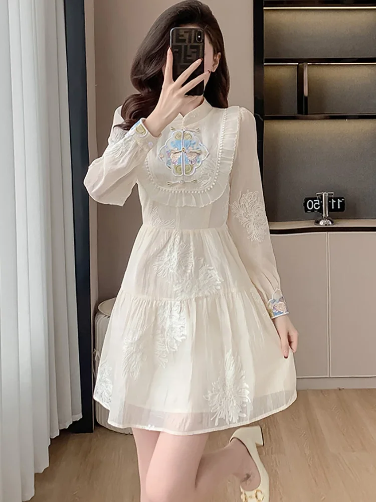 2024 White Jacquard Chic Ruffled Diamonds Short Dress Women Elegant Casual Home Dress Spring Autumn Korean Bodycon Evening Dress