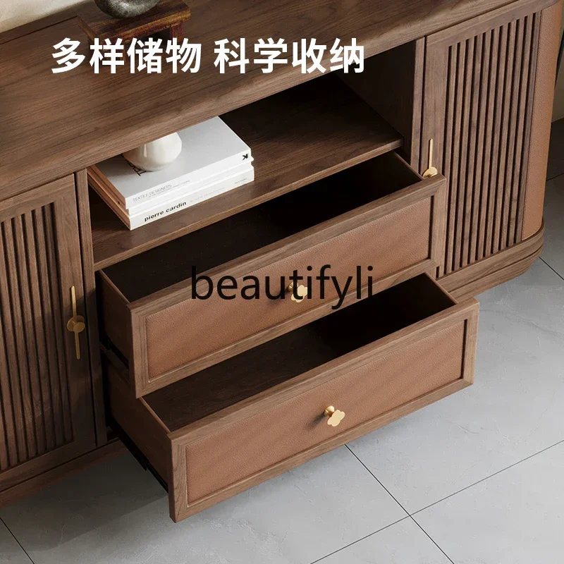 M178 New Chinese-style North American black walnut solid wood dining side cabinet, aesthetic living room tea storage cabinet