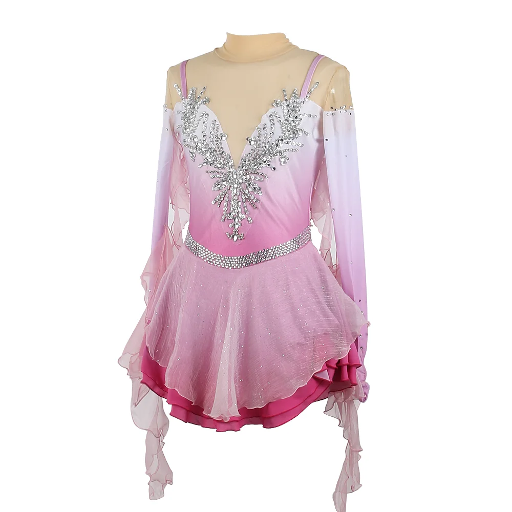 Custom Figure Skating Dress Light Pink Long Sleeved For Women And Girls Ice Skating Clothes Floating Sleeves With Rhinestones