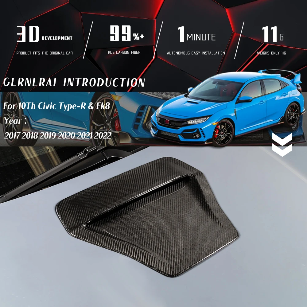 Carbon Fiber Hood Scoop For 10th Gen Civic Type R FK8 (2017 to 2022) Hood Air Intake Grille Cover Hood Vent Bonnet Intake Grille
