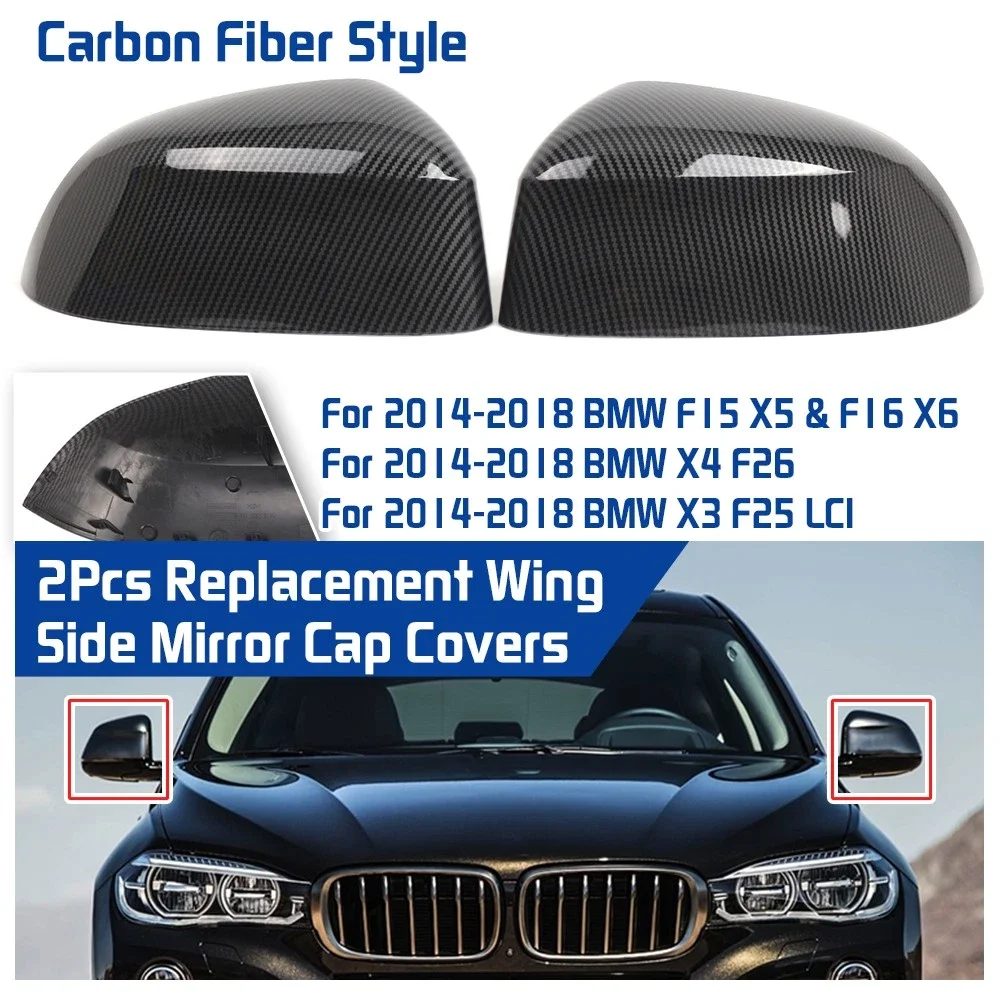 LLH+RH Carbon Fiber Look Mirror Shell Cover Cap For BMW X5 F15 X6 F16 2014-2018 Car Side Door Mirror Cover Wing Cap Replacement