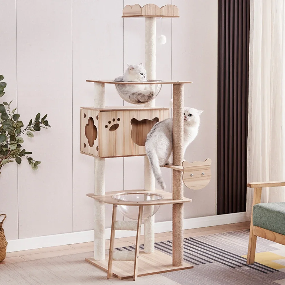 Modern Cat Tree Tower Pets Scratching Outdoor Toys Luxury Wooden Pets Training Supplies Multi-layer Sisal Rope Cat Tree Tower