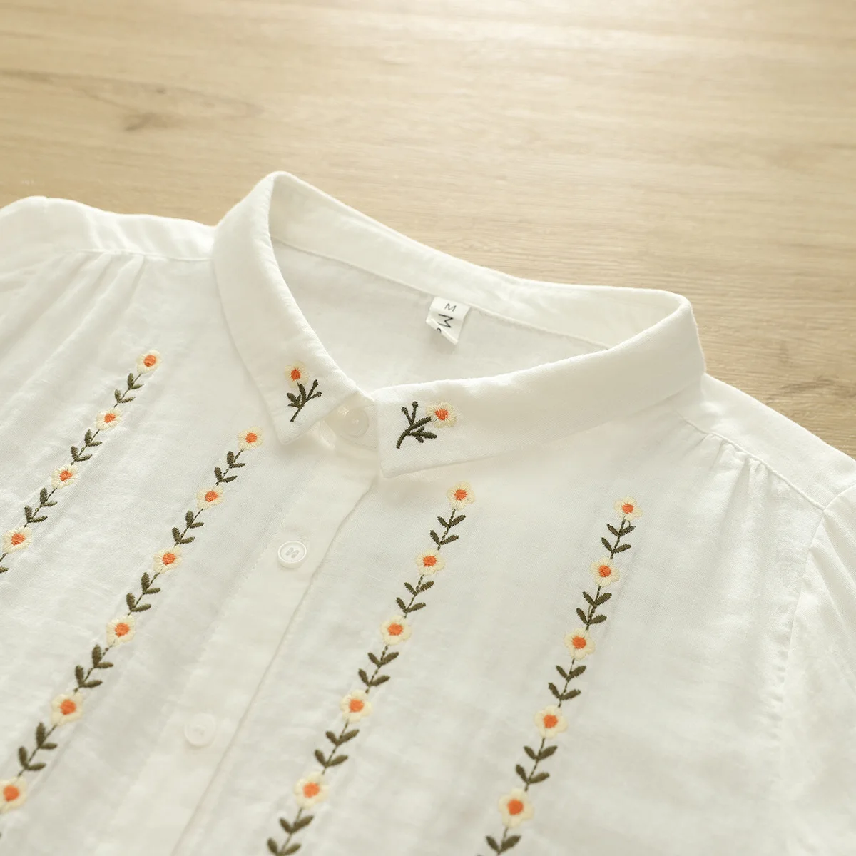 New 2025 Summer Cotton Yarn Half Sleeve Shirt, Women Turn-down Collar Embroidery, Mori Girl Retro Casual Loose Blouse T55843CC