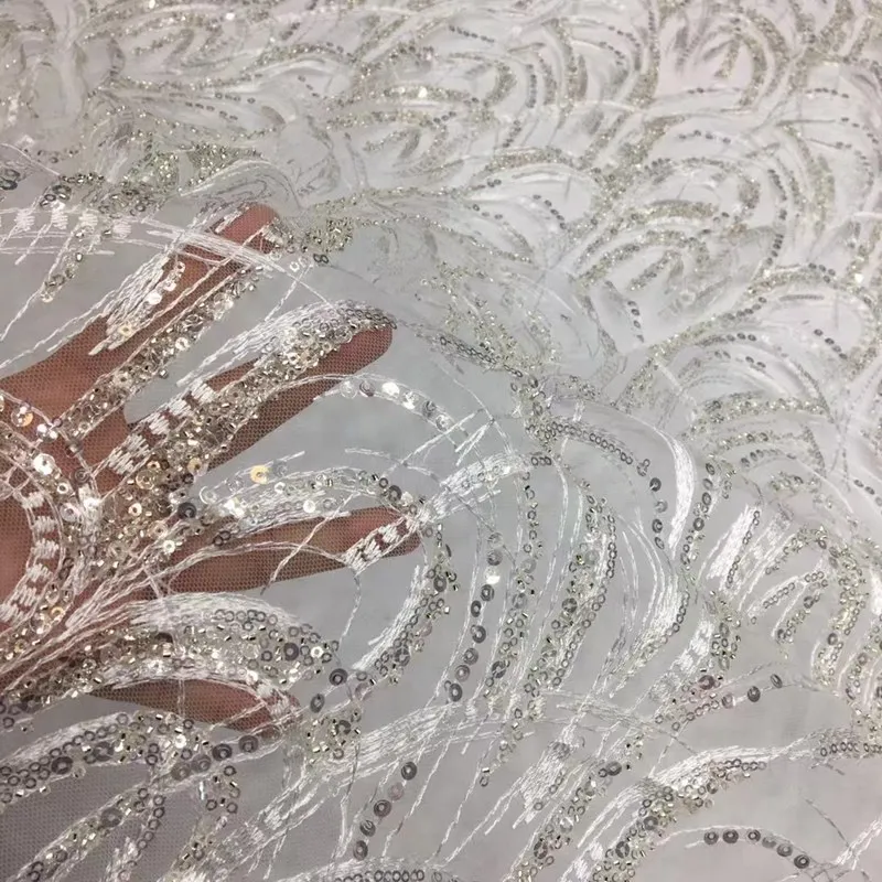 Rich African Sequins French Lace Soft Big Floral Tulle Fabric with small Crystal Beads 5 yards Nigerian Wedding evening Clothes