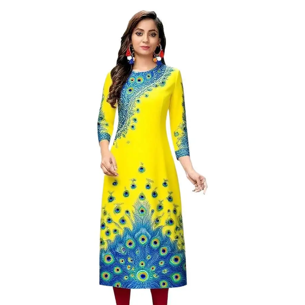 Sukienka Kurt damska, modna i elegancka, z długim rękawem, o prostym kroju, codzienna, z okrągłym dekoltem, kolorowa sukienka z wzorem pawiego pióra.