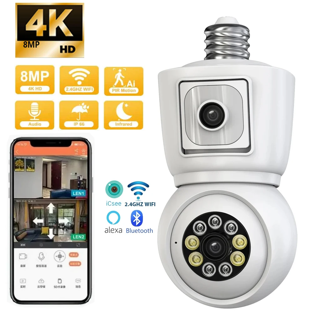 icsee camera de seguranca ao ar livre lente dupla tela dupla rastreamento automatico audio bidirecional visao noturna colorida 4k 8mp lampada e27 01