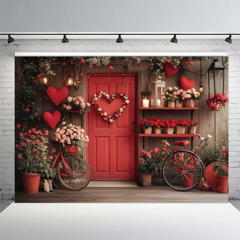 Valentine's Day Flower Door Backdrop Photography Romatic Rose Shop Love Heart Bridal Shower Wedding Party Decor Photo Background