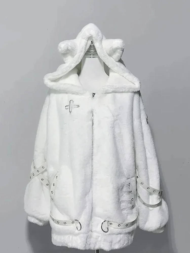 الحلو الطازجة اليابانية Harajuku معطف القط الأذن الشرير نمط Y2k القوطي النساء الملابس رقيق شخصية Preppy الدافئة سترة ناعمة #3