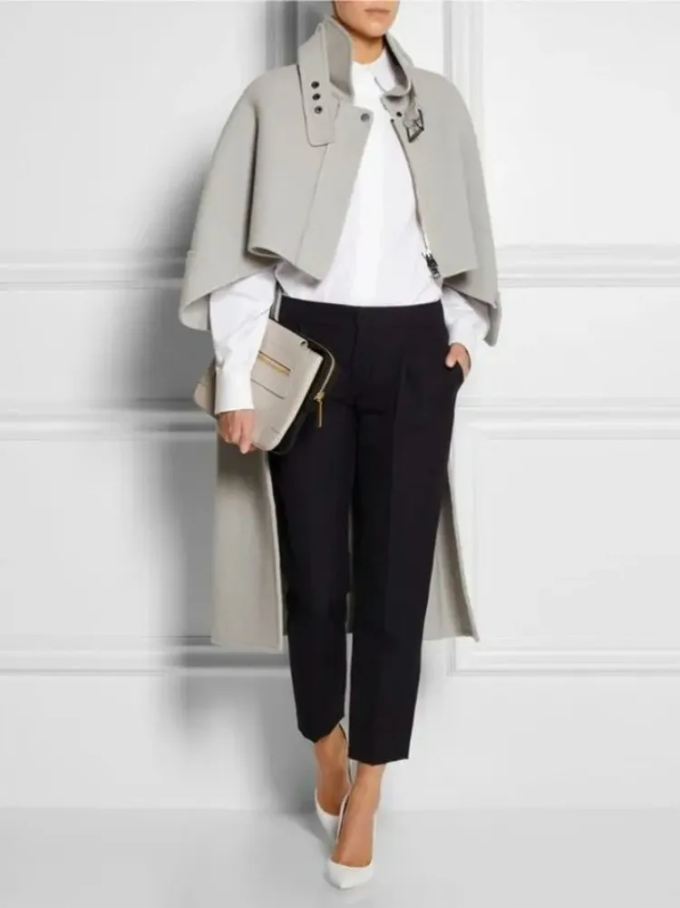 UOOZEE Dames Elegante Coltrui Cape Stijl Hoog-Laag Jassen Losse Effen Kleur Gesp Detail Mode Casual Kantoor Bovenkleding