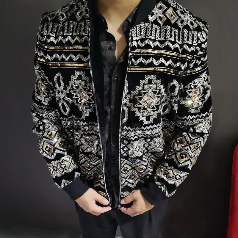 Heavy Embroidery Increase Paillette Leisure Time Loose Coat Jacket Spring Autumn Men's Wear Baroque Court Wind Imported Velvet