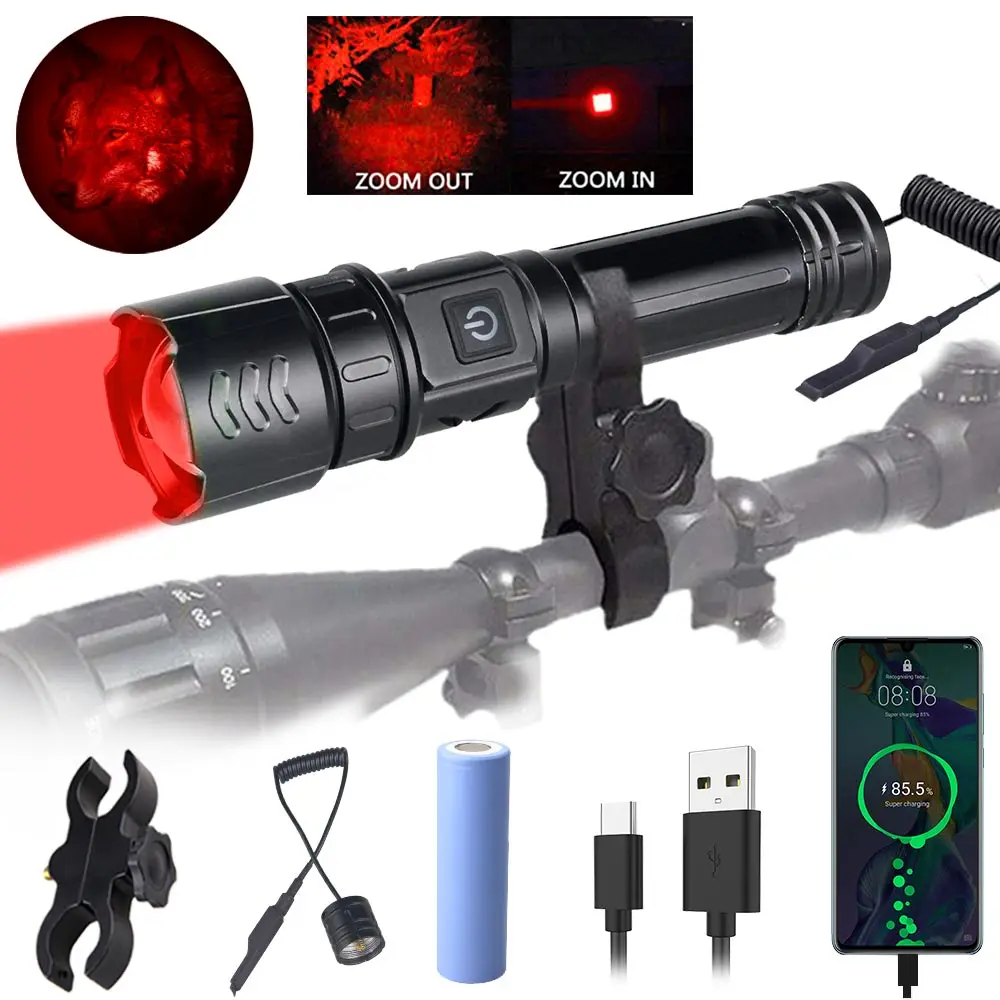 Red Flashlight Hunting Professional LED Zoomable Torch Tactical Rechargeable Lantern Night Scout Light+Press Switch+Clip+18650