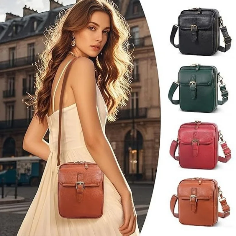 

Vintage Crossbody Leather Bag Double Layer Large Capacity Messenger Bag Retro Faux Leather Built in Purse Anti Theft Bag