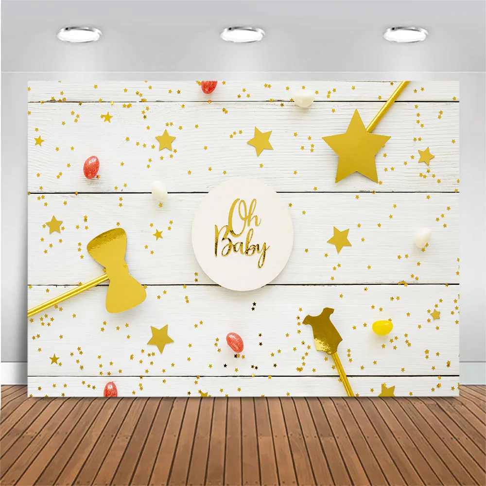 Mocsicka Baby Shower Background Gold Stars and Dots Newborn Welcome Party Decor White Wooden Backdrop Oh Baby Banner Table Cloth