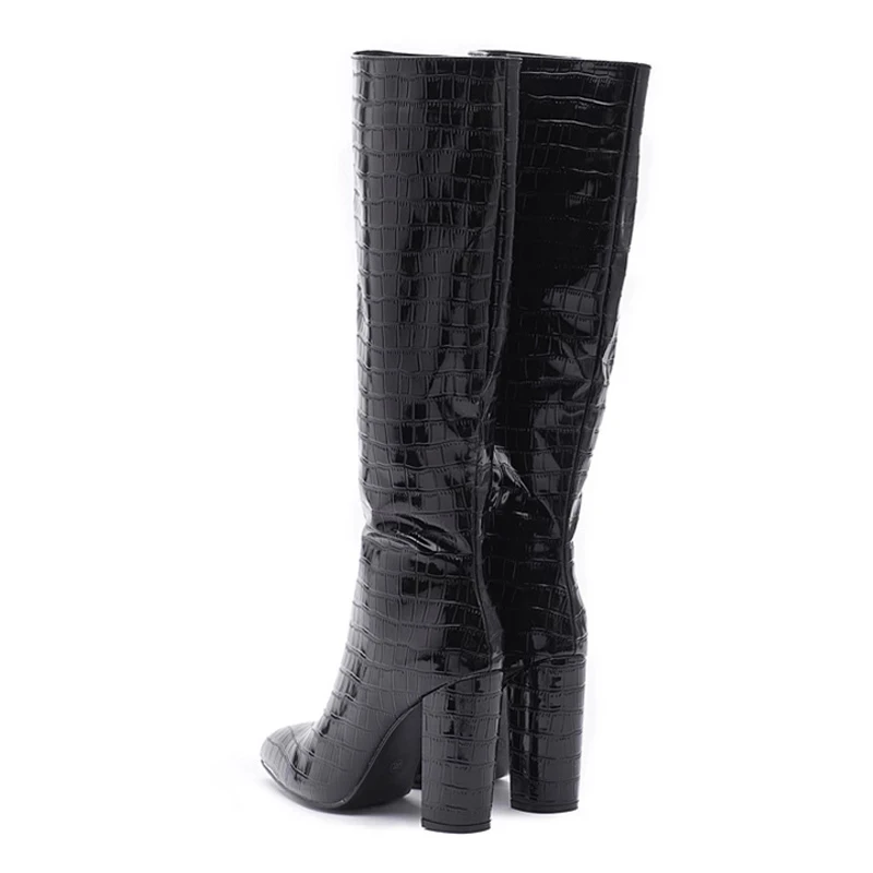 Liyke Sexy Green Snake Print Leather Knee High Boots Women Square Heels Winter Long Shoes Pointed Toe Zip Cool Knight Bootties