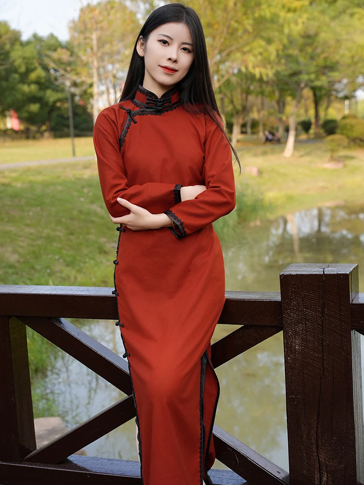 

Шелковое платье Fenglin Linglong, цельное, оранжево-красное, с воротником-стойкой, приталенное, свадебное, винтажное, с высоким разрезом