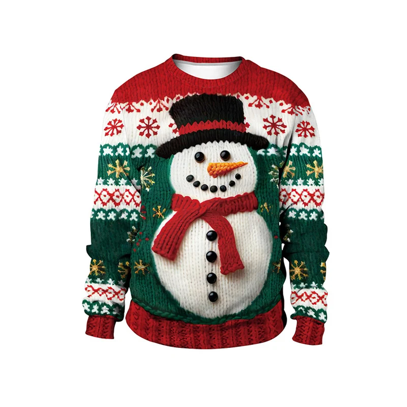 

Men Women Xmas Sweatshirt 3D Christmas Snowman Snowflakes Print Ugly Christmas Sweater Unisex Pullover Holiday Party Jumper Tops