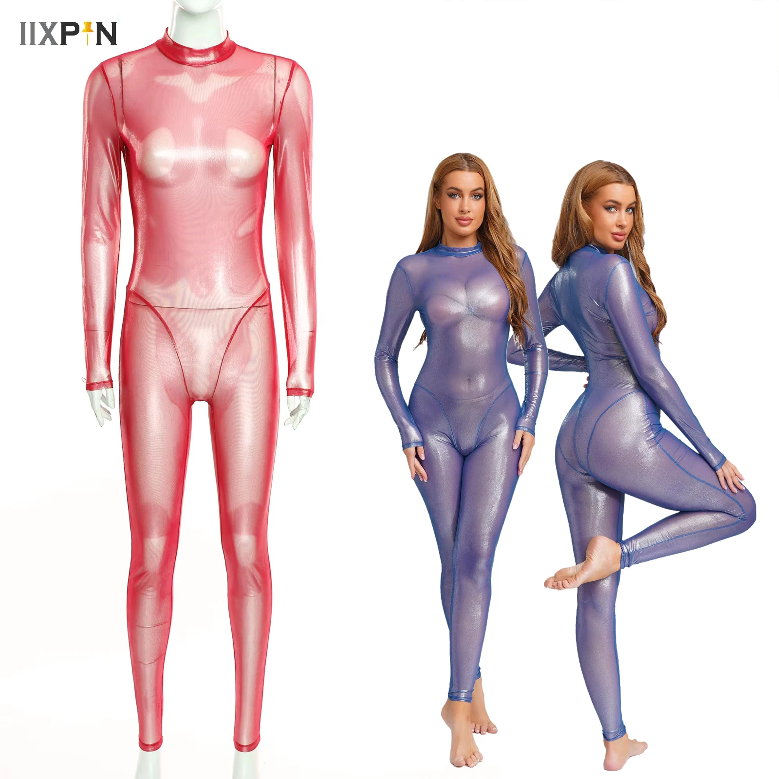 

Women Metallic Full Body Unitard Jumpsuit Long Sleeve Sheer Long Pants Catsuit Tights Yoga Gymnastics Athletic Leotard Clubwear