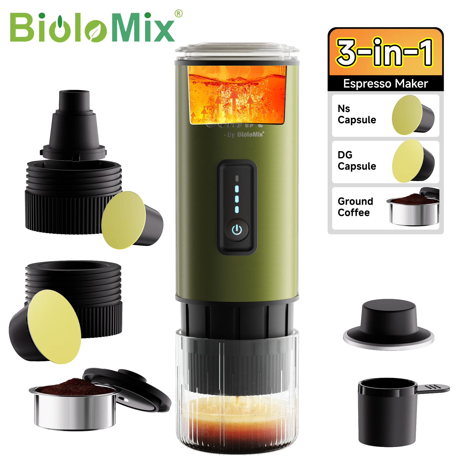 BioloMix Grean Macchina da caffè portatile in acciaio inossidabile per auto e uso domestico compatibile con polvere di caffè a capsule Nexpresso Dolce Pod