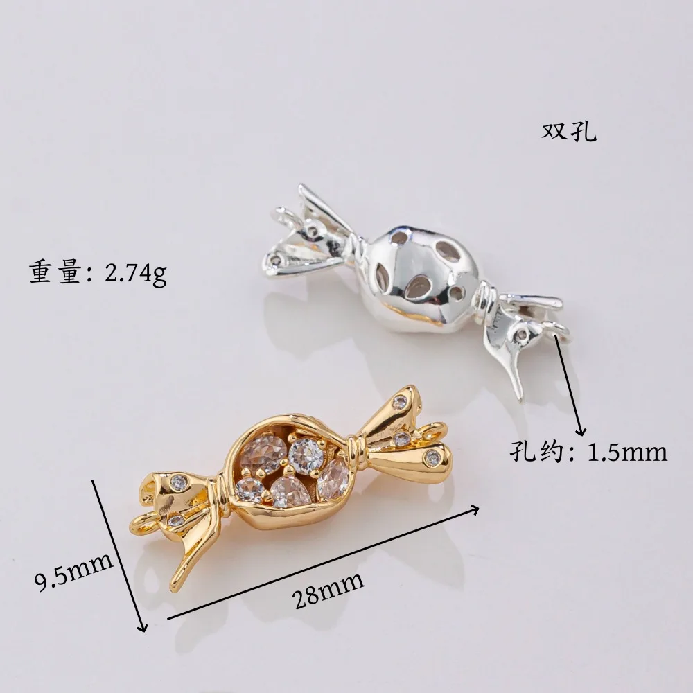 Genuine Gold Plated Brass Double Loop Candy Pendant with Zircon Inlay, DIY Bracelet Necklace Charms（2pcs）