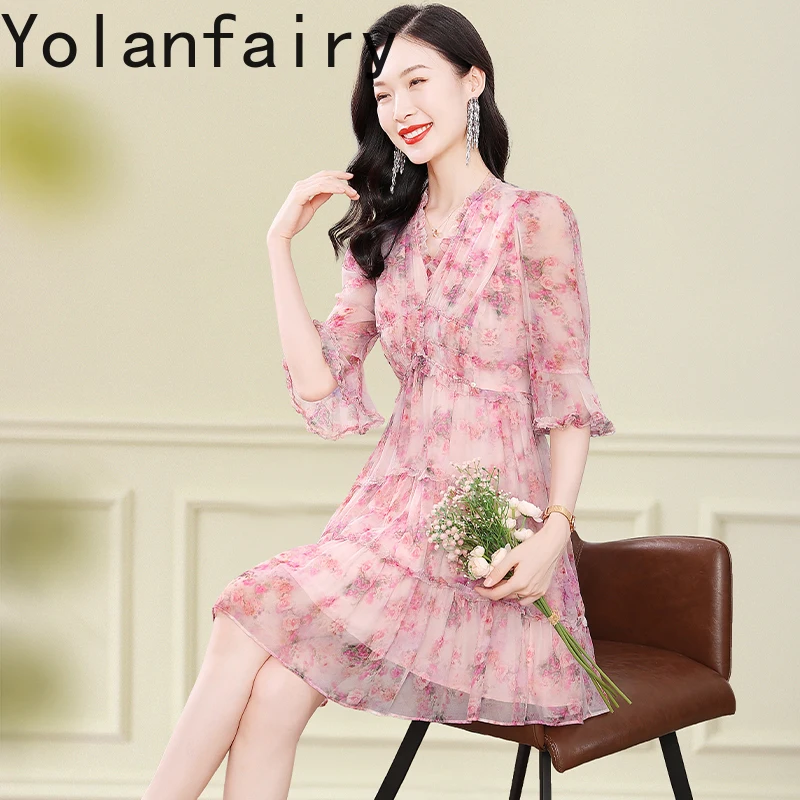 YOLANFAIRY ชุดเดรสผ้าไหมมัลเบอร์รี่แท้ 100% คุณภาพสูงสำหรับผู้หญิง แขนบานลายดอกไม้ ชุดเดรสฤดูร้อน 2025 โรแมนติกและสง่างาม