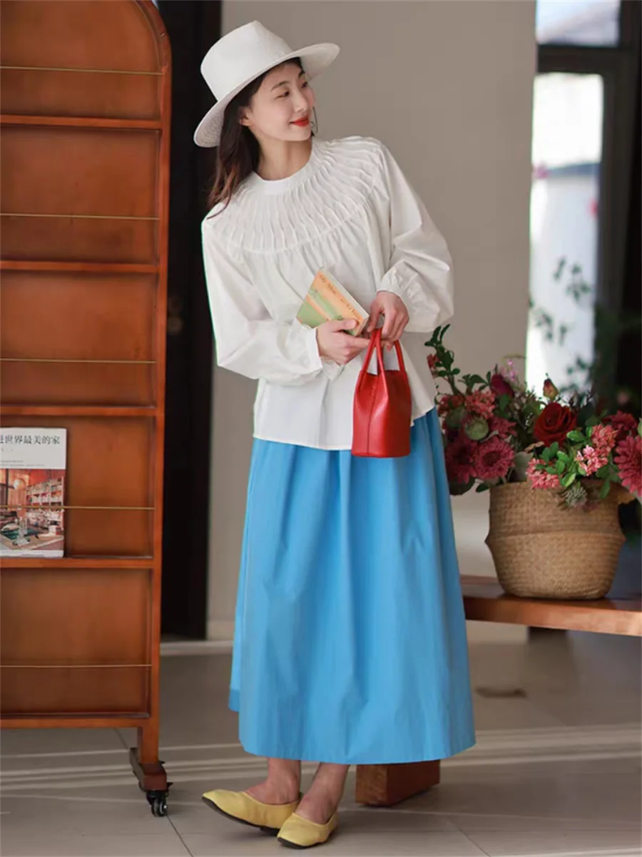 Women Skirt Spring Solid Color Cotton Skirts Elastic Waist Oversized Skirt Summer Versatile Simple Casual A-Line Skirt Black