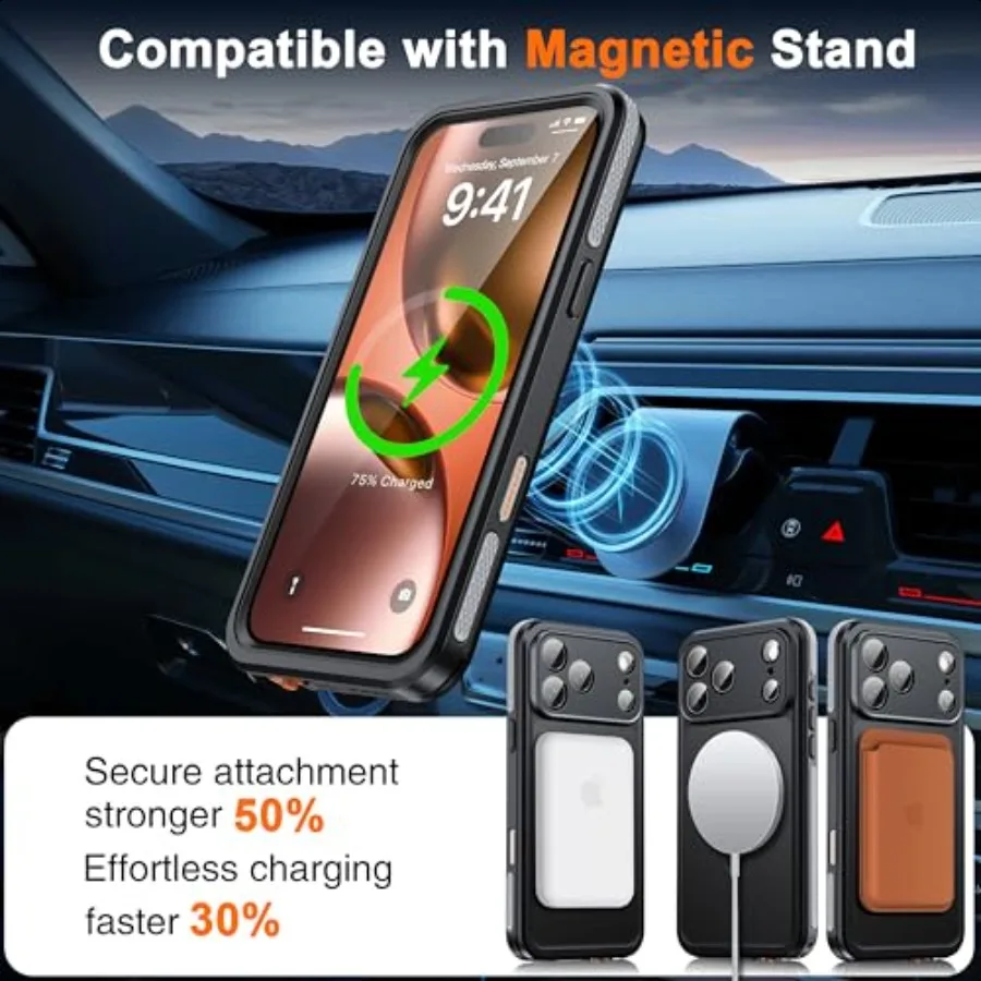 Oterkin Magnetyczne, Wodoodporne Etui na iPhone 17 Pro Max z [Wbudowaną Ochroną Ekranu][Niewidoczny Stojak][Kompatybilne z MagSafe][Ochrona 360°]