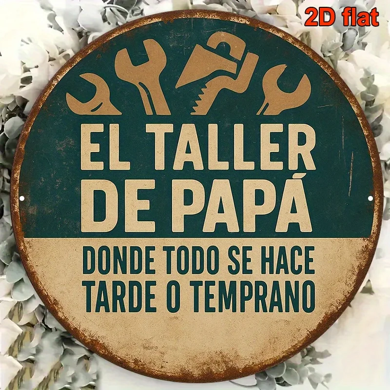 2D-Schild – Ein kreisförmiges 2D-Holzschild mit einer retro-dekorativen Platte im Stil von „Dad's Workshop“.