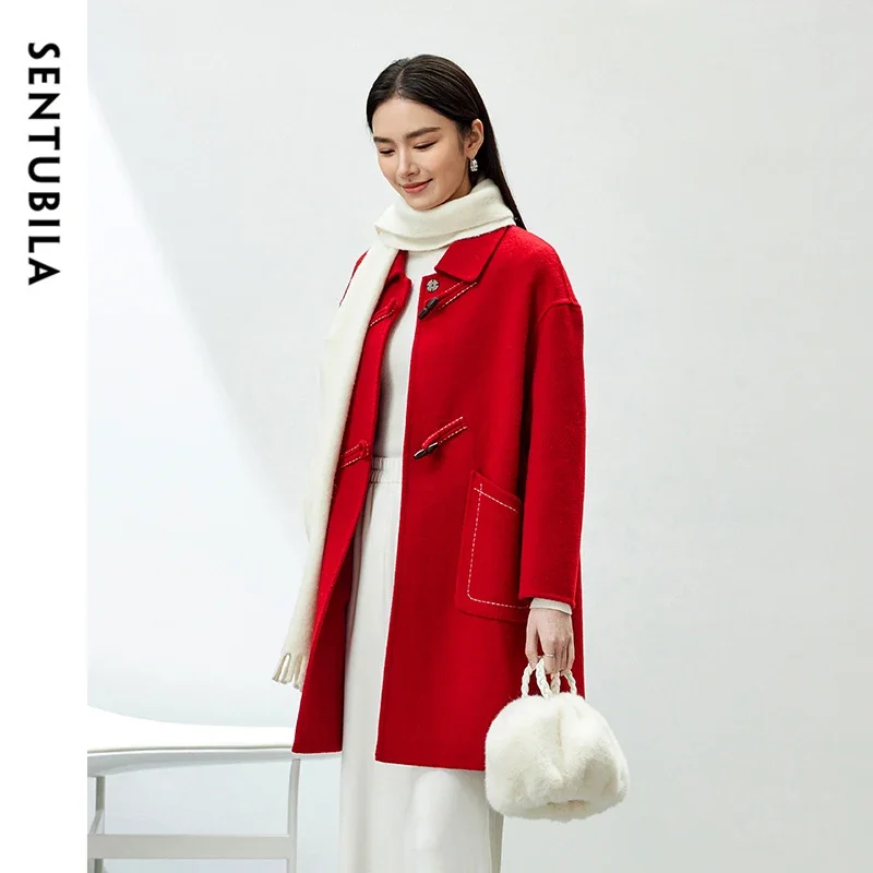 SENTUBILA Retro 74% Woolen Coat for Women 2024 Winter Straight Bull Horn Buckle Double Double Sided Warm Coat Ladies W44O54574