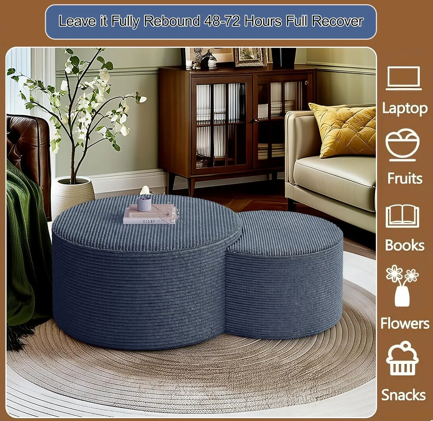 Zestaw 2 stolików kawowych do układania w stos - 32+17 cali, tapicerowane okrągłe stoliki pomocnicze z sztruksu, poduszki pod nogi/stołki do łóżka z piankowym wyściółaniem, niebieskie