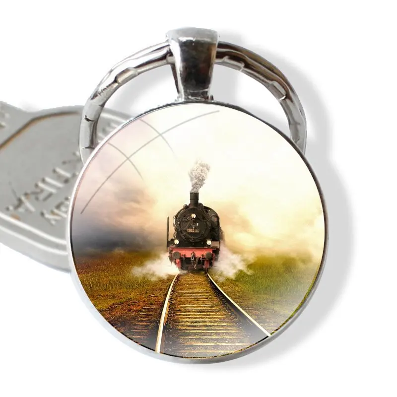 Keychain Handmade Glass Cabochon Key Ring Holder Pendant Key Chains Vintage Train Railway Travel