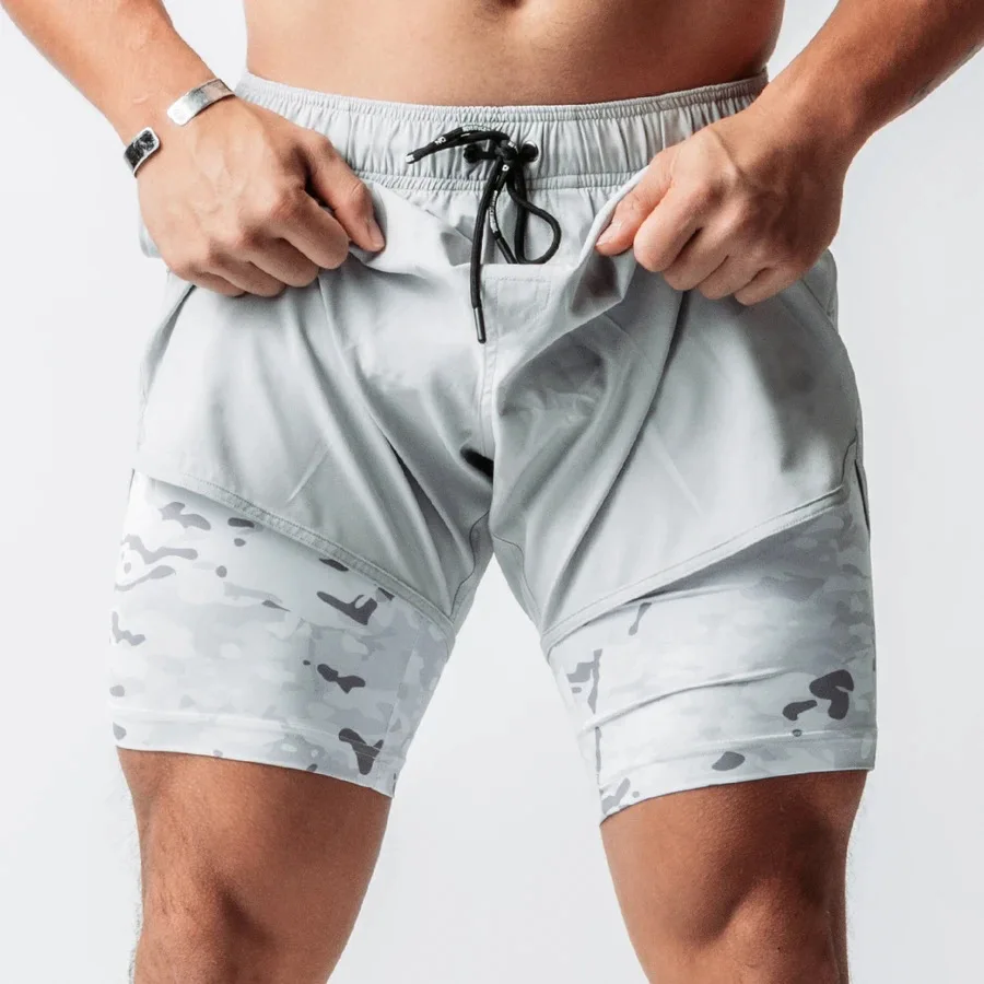 2026 Summer Men Double Layer Quick Dry Fitness Shorts Muscle Fit Zipper Pocket Sport Casual Outdoor Training Running Short Pants