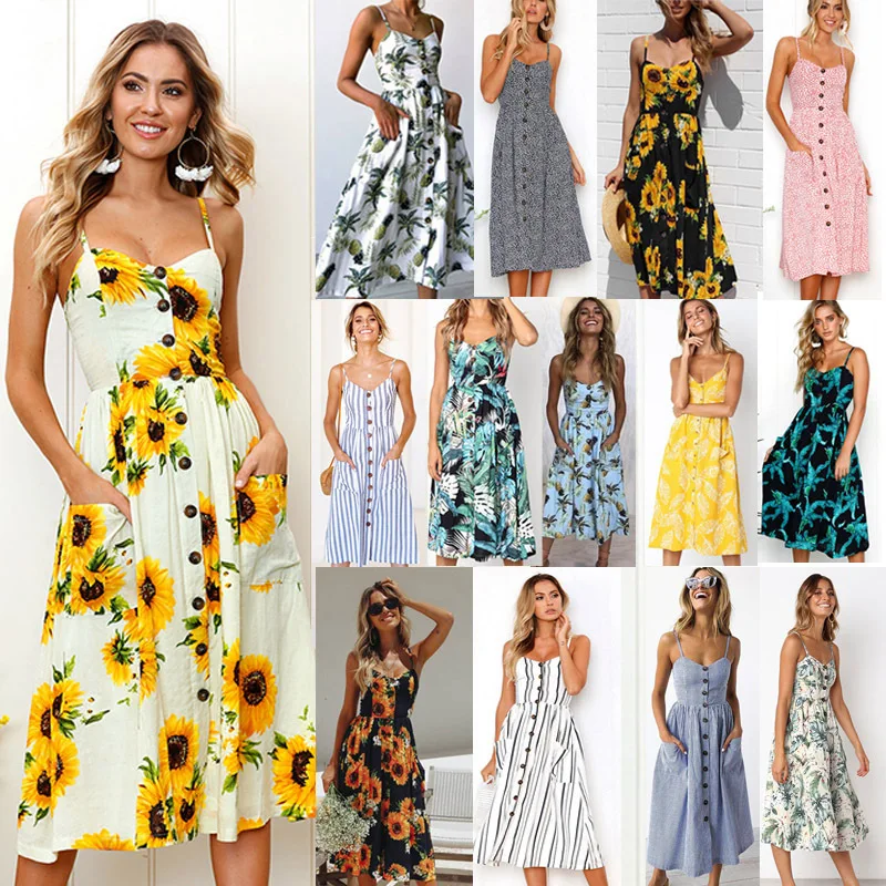 2019 New Women Print Floral Stripe Long dress Sexy V-Neck Sleevele Button Beach Casual Boho Midi Dress Plus Size 3XL vestidos