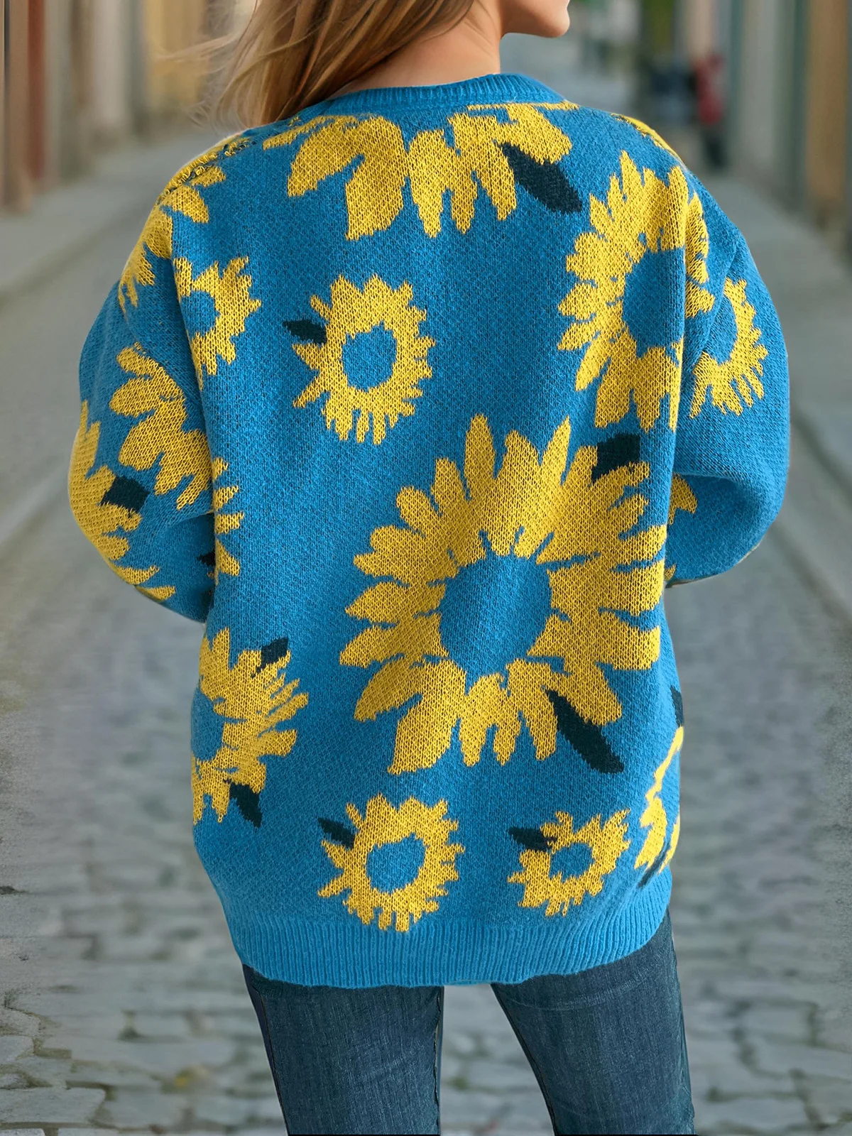 سترة امرأة فضفاضة شخصية الموضة اليومية عباد الشمس الجاكار الملابس الشتوية محبوك كم طويل الرقبة المستديرة البلوز القمم #4