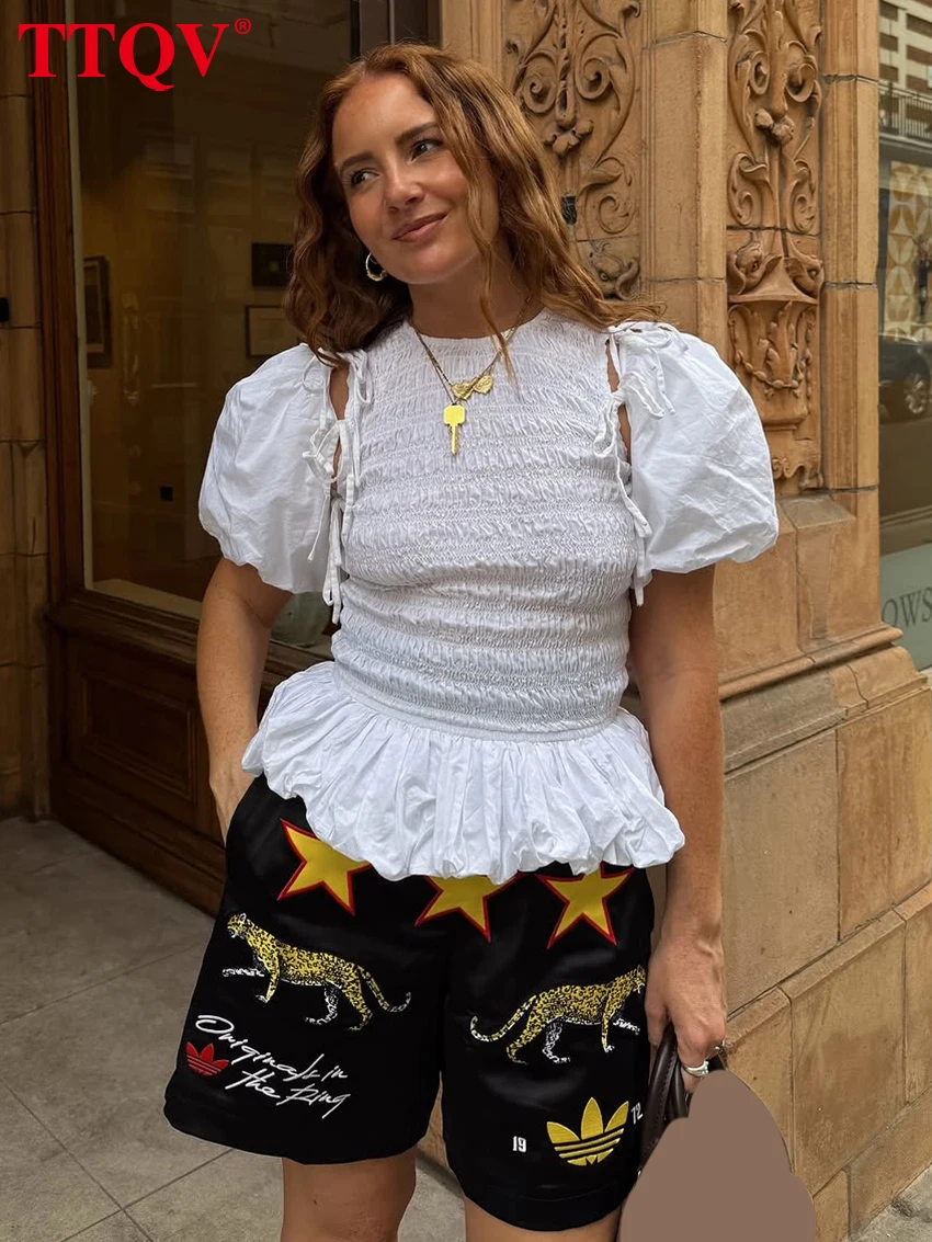 

TTQV Summer Slim White Cotton Women's T Shirt Fashion O-Neck Short Sleeve T-Shirts Elegant Classic Pleated Top Female Clothing